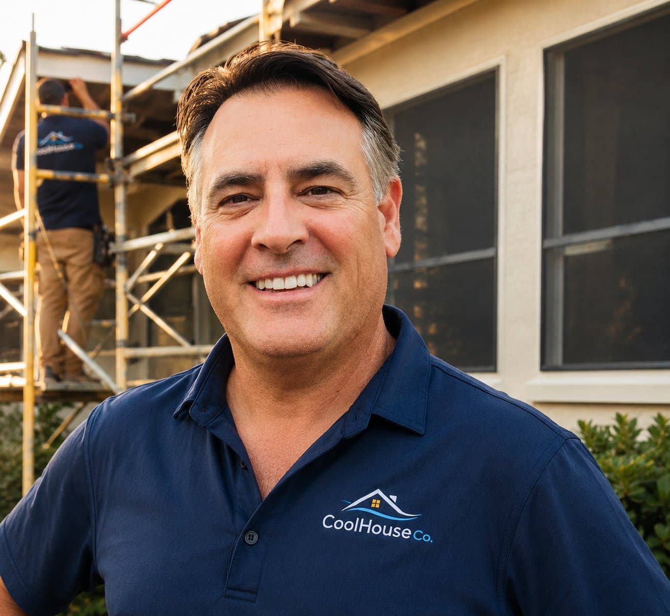 Brian Quadrini, founder of CoolHouse Co., standing in front of a home with solar screens being installed