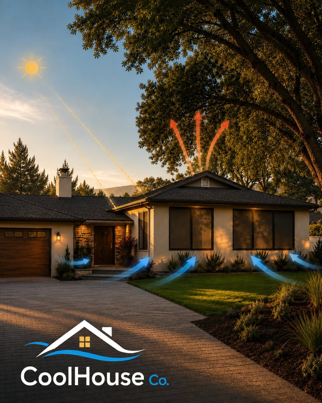 California home at golden hour — solar screens blocking sun, whole house fan expelling hot air through the roof, cool evening air flowing in