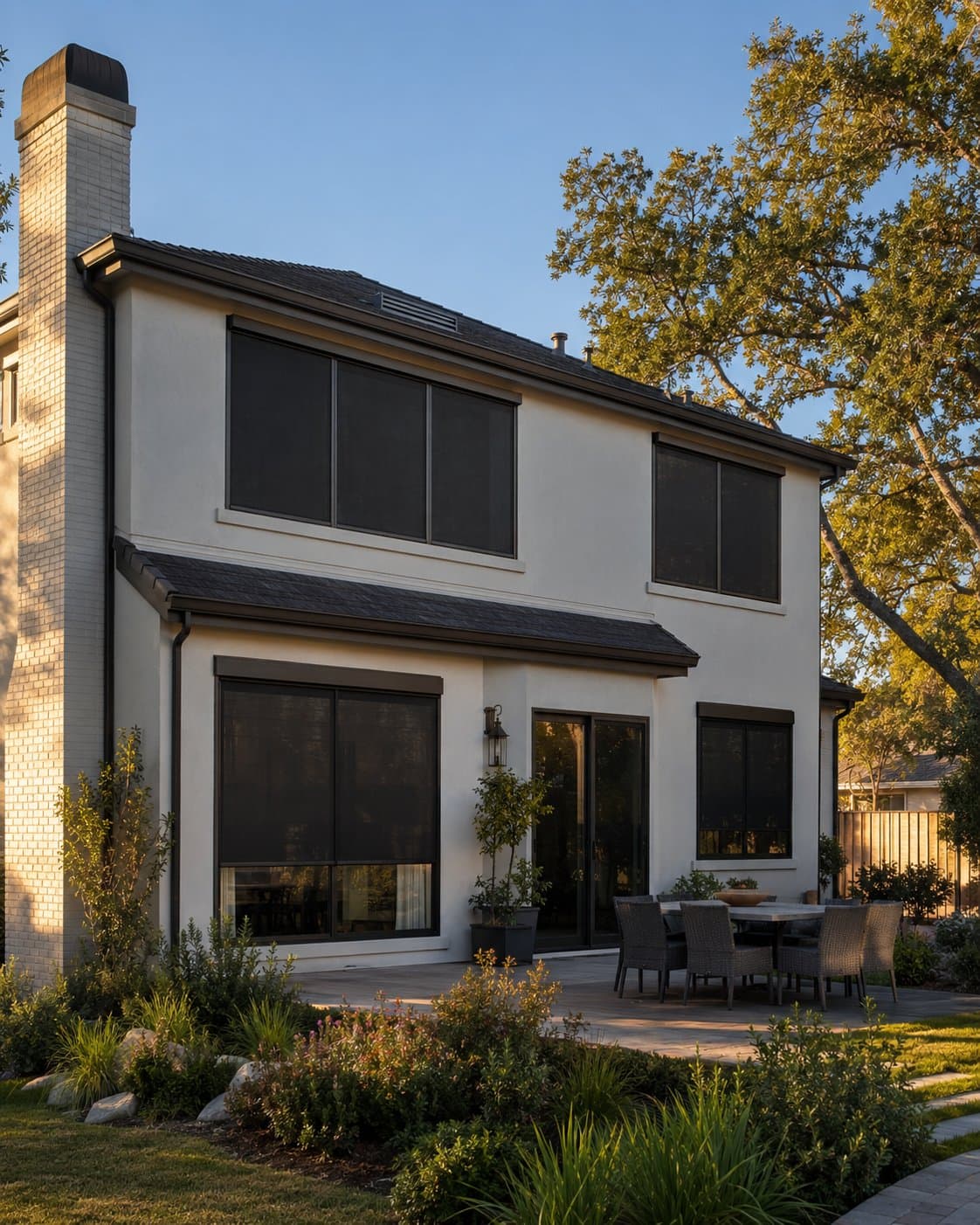 Two-story California home with exterior solar screens installed across all windows — a completed CoolHouse Co. installation in the South Bay