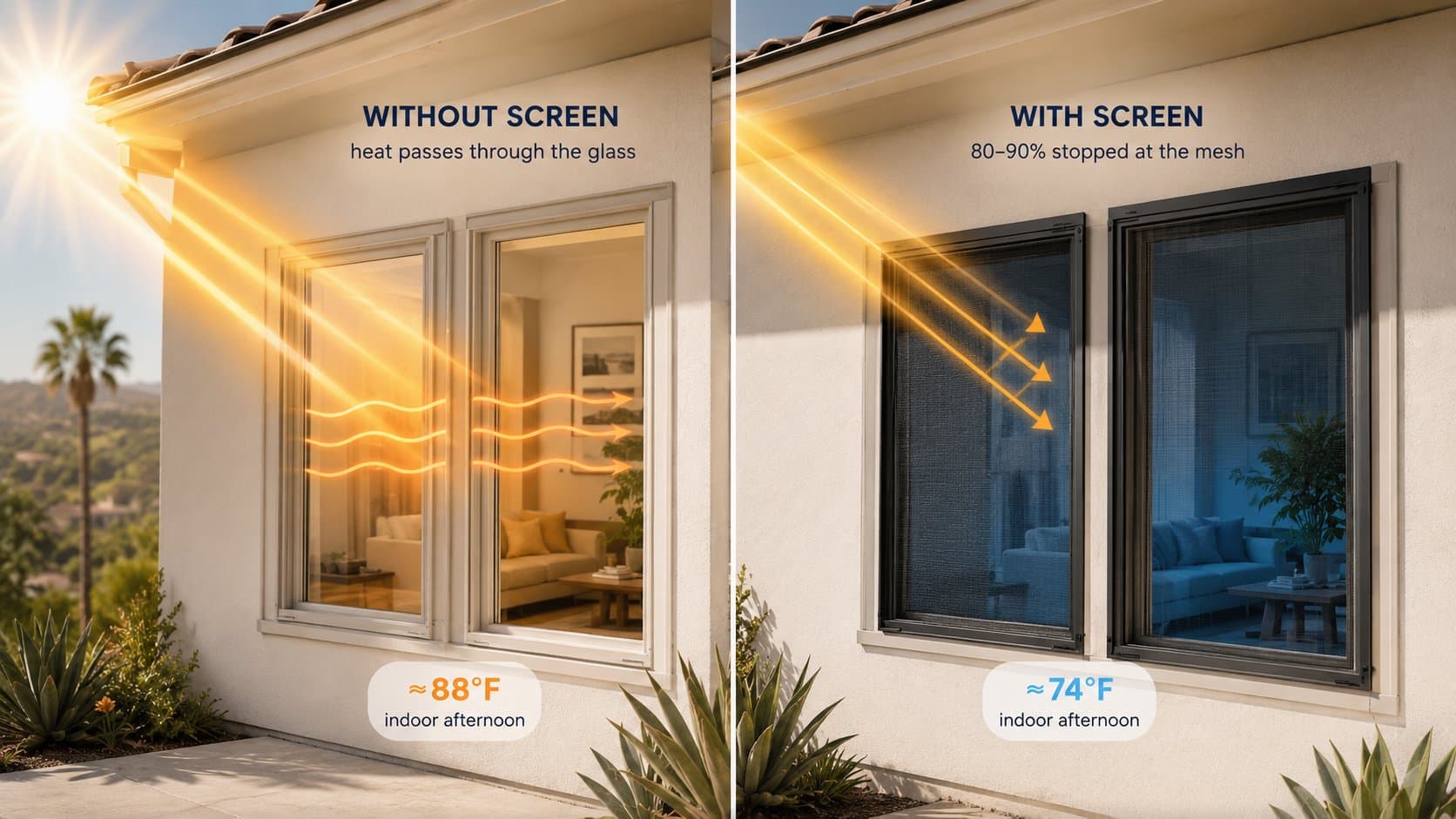 Split-screen comparison: without a solar screen heat passes through the glass heating the room to ≈88°F; with a screen 80–90% is stopped at the mesh and the room stays ≈74°F